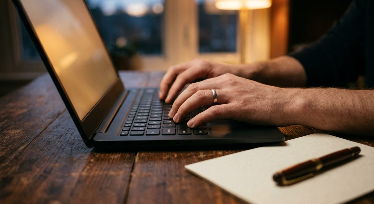Mãos digitando no notebook ao lado de um currículo impresso e uma caneta